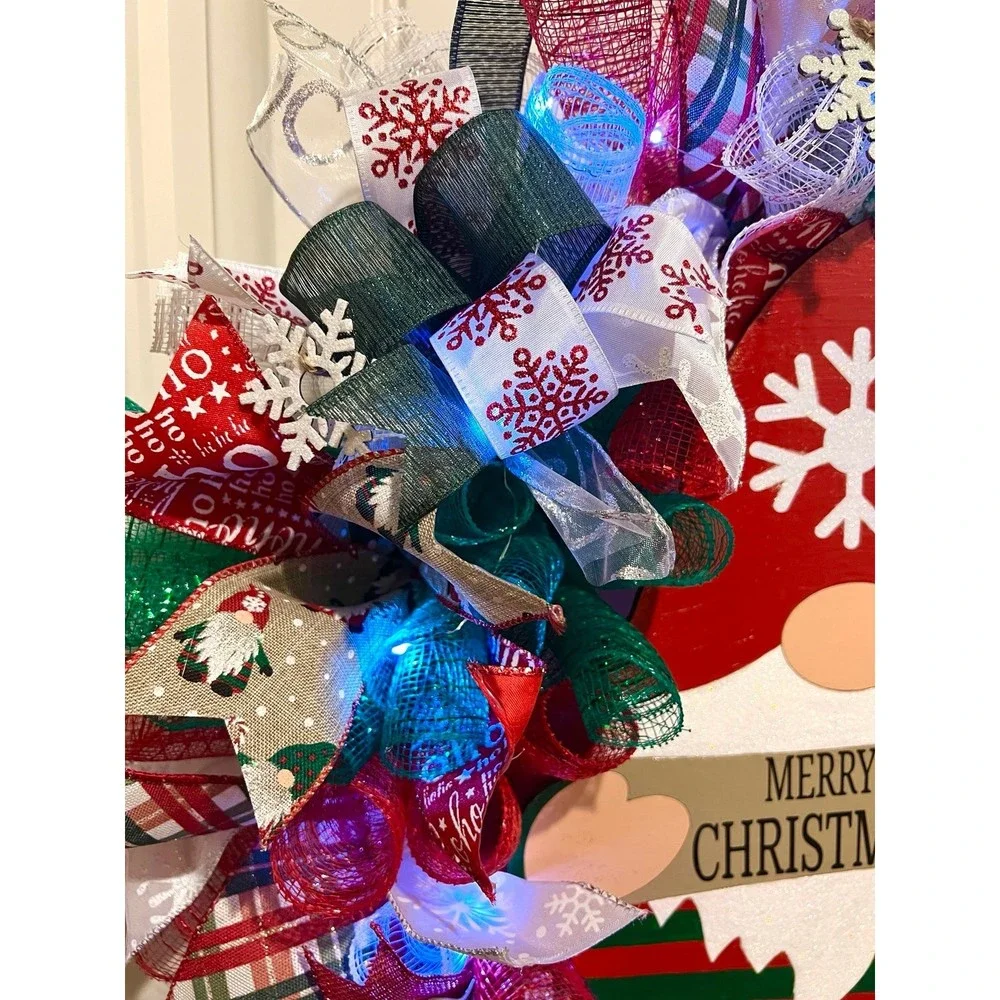 Christmas Snowflake Gnome Holiday Ribbon Door Wreath Handmade 22 ins LED W10
